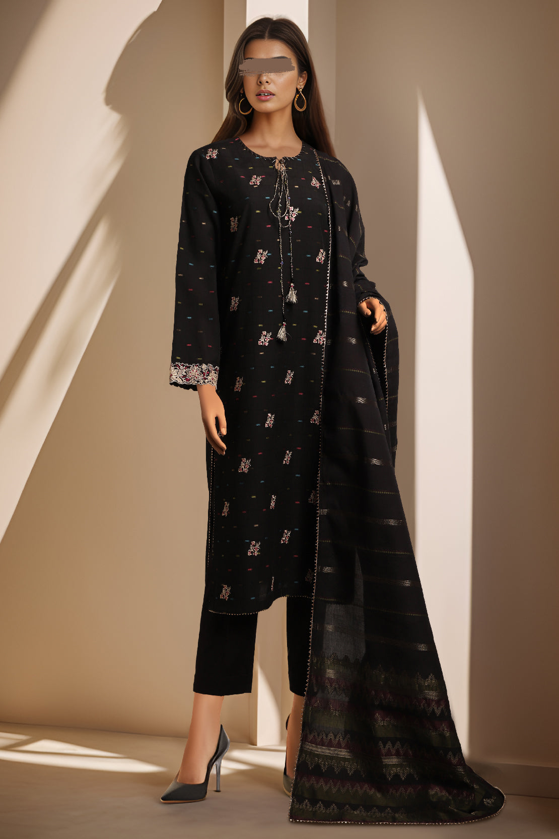 Blue - Jacquard Mirror Work Embroidered Cotton 3pc Unstitched Dress Material 85