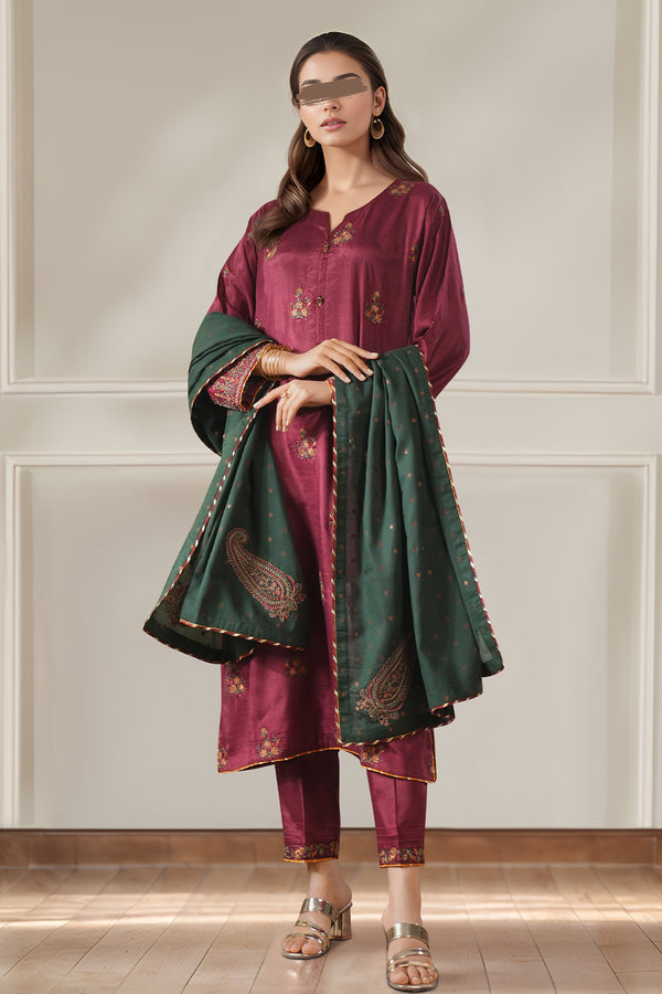 Luxury Pret Embroidered Raw Silk Stitched 3 Piece