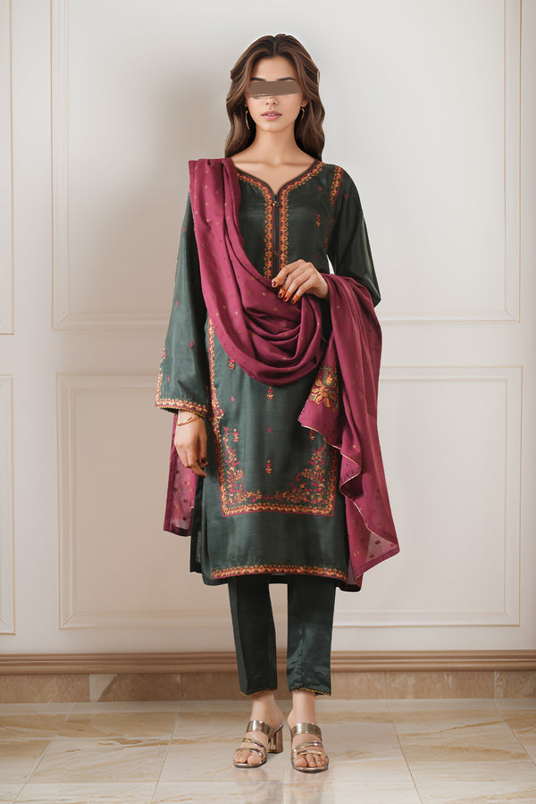 Luxury Pret Embroidered Raw Silk Stitched 3 Piece