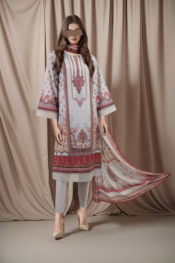 Unstitched Printed Embroidered Lawn 3 Piece