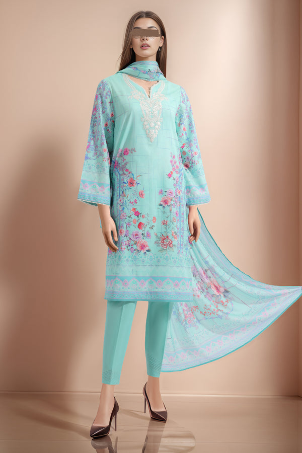 Unstitched Printed Emb Lawn 3 Piece with Cotton Net Dupatta