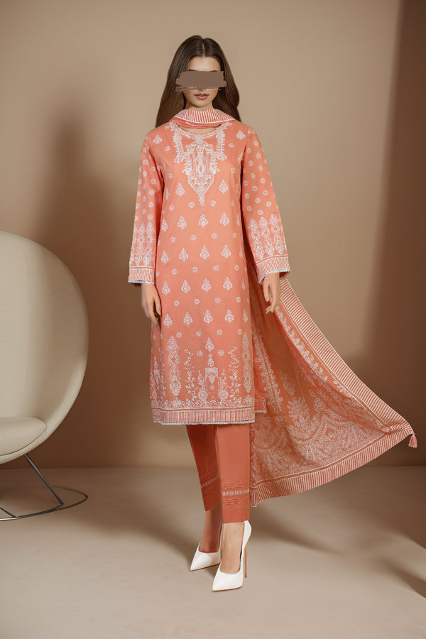 Unstitched Printed Embroidered Lawn 3 Piece With Lawn Dupatta