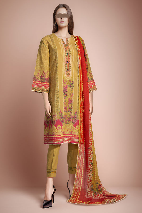 Unstitched Printed Embroidered Lawn 3 Piece