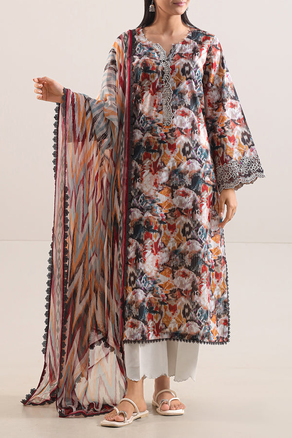 Unstitched Printed Embroidered Cotton Tencel 3 Piece With Chiffon Dupatta