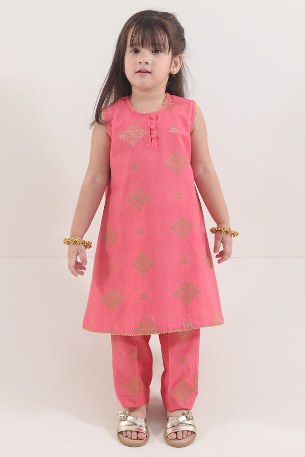 Stitched Cotton Jacquard Shirt/trouser For Kids