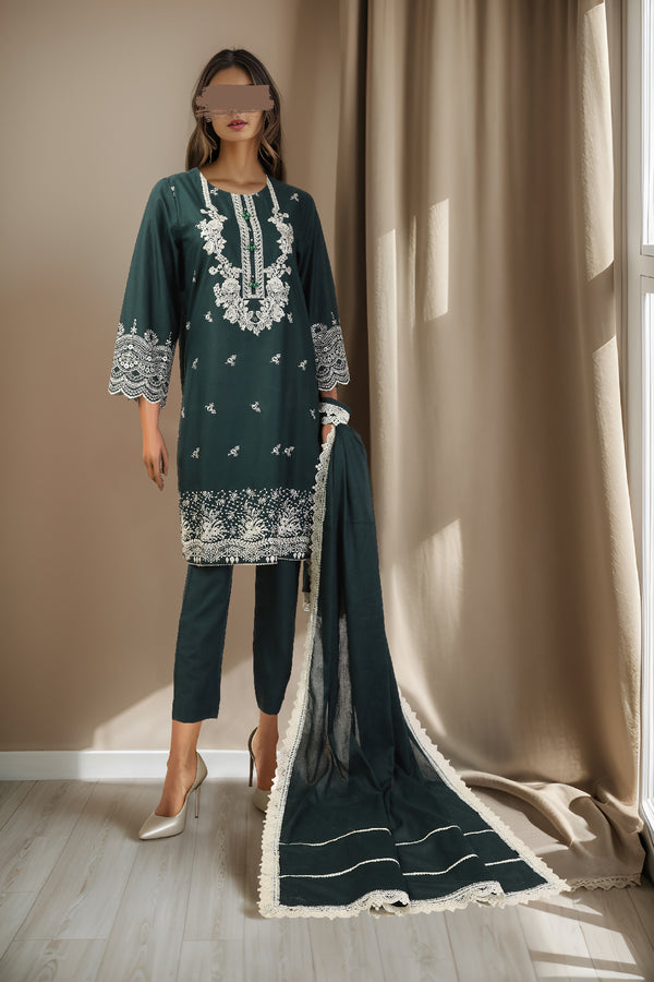Solid Emb Cambric Stitched 3 Piece with Cotton Net Dupatta
