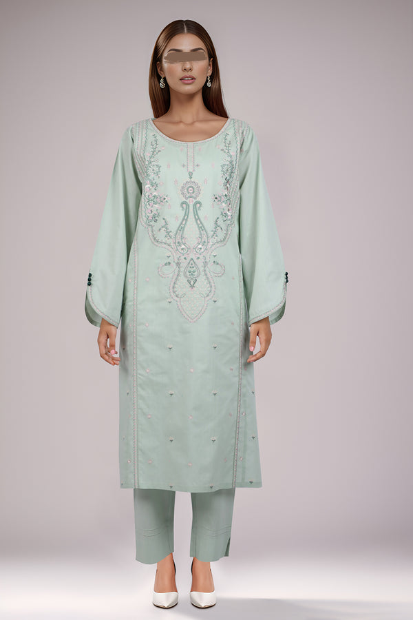 Solid Embroidered Slub Viscose Stitched 2 Piece (Shirt/Trouser)