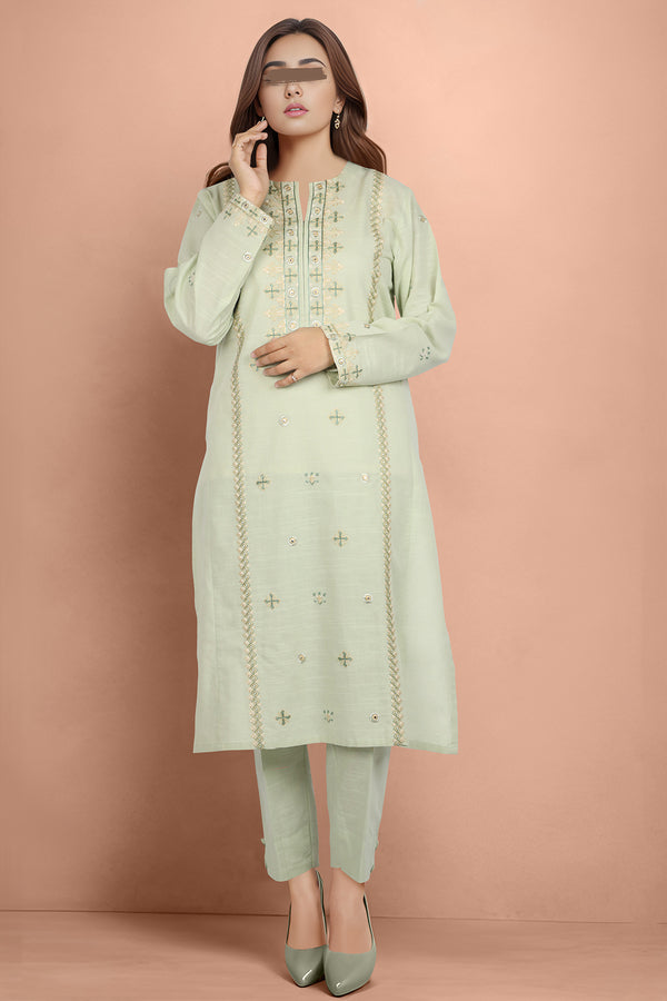 Solid + Embroidered Khaddar Stitched 2 Piece (Shirt/Trouser)