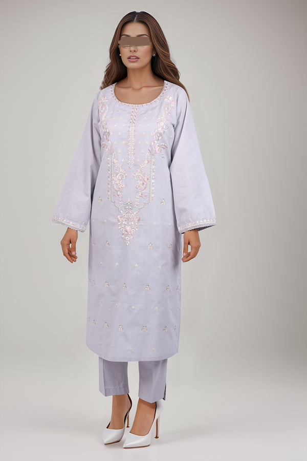 Solid Embroidered Slub Viscose Stitched 2 Piece (Shirt/Trouser)