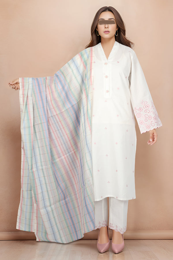 Solid Embroidered Cotton Stitched 3 Piece