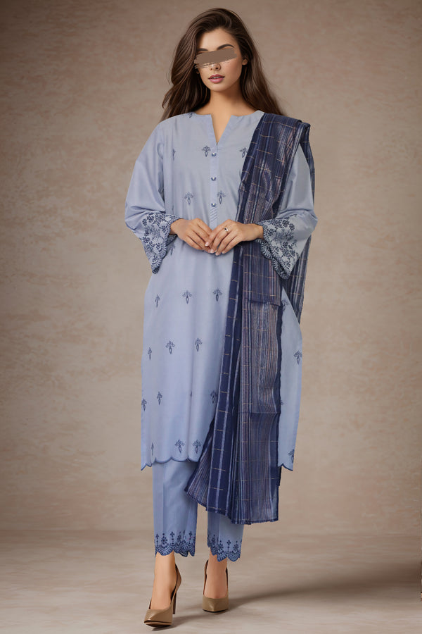Solid Embroidered Cotton Stitched 3 Piece