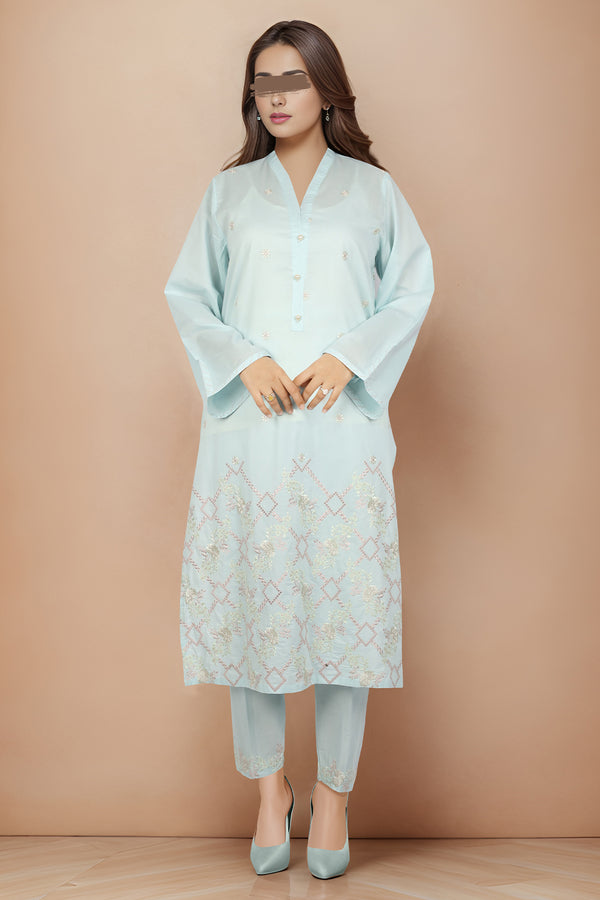 Solid Embroidered Cotton Stitched 2 Piece (Shirt/Trouser)