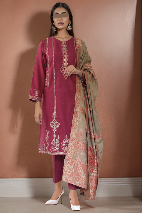 Solid Embroidered Khaddar Stitched 3 Piece