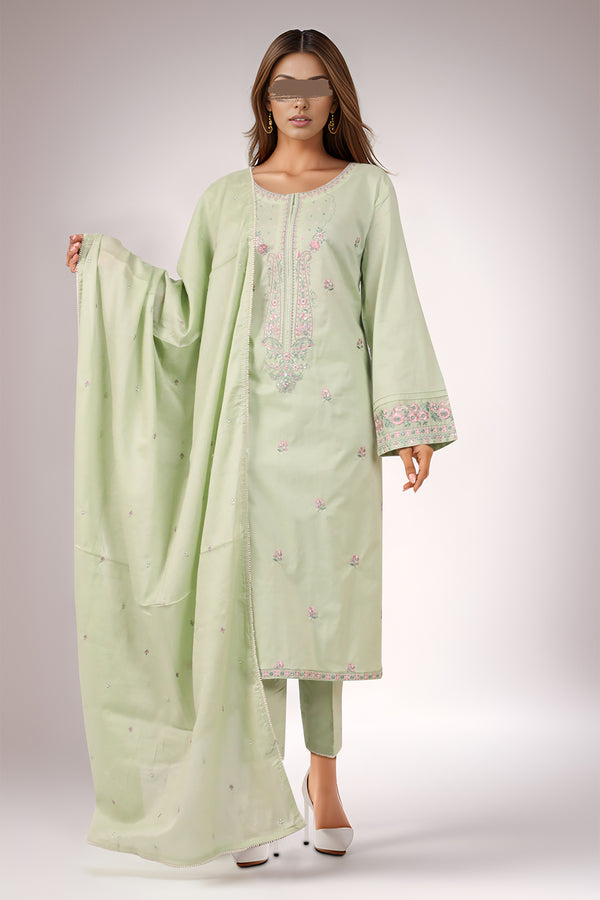 Solid Embroidered Cotton Stitched 3 Piece