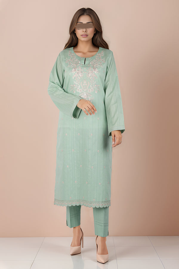 Solid Embroidered Slub Viscose Stitched 2 Piece (Shirt/Trouser)