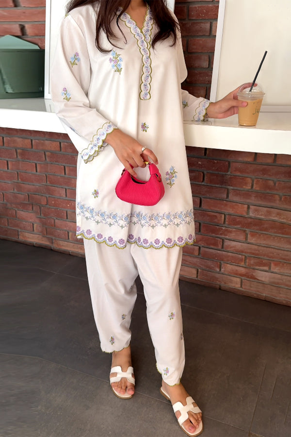 Solid Embroidered Easy Care Weave Stitched 2 Piece (Shirt/Trouser)