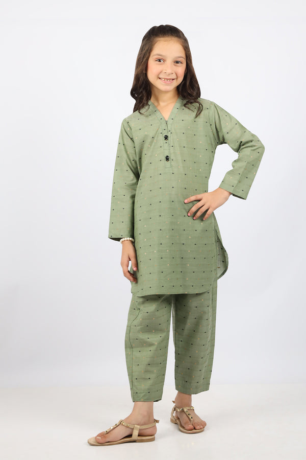 Stitched Cotton Jacquard Shirt/trouser For Kids