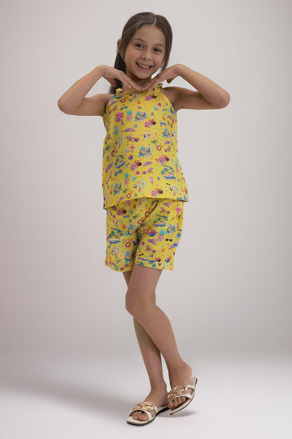 Stitched Cotton Dobby Tropical Printed Top & Shorts Co-ord Set For Kids