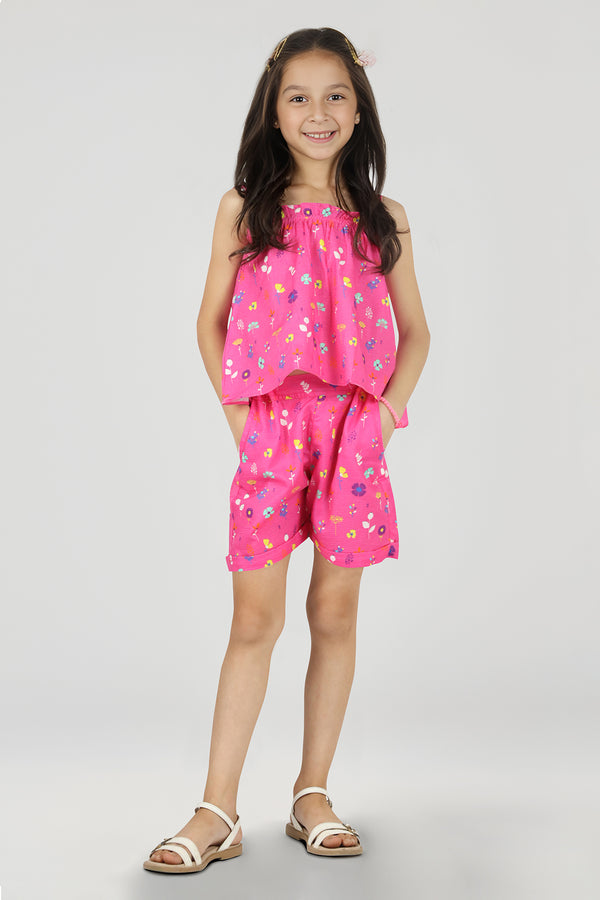 Stitched Cotton Dobby Tropical Printed Top & Shorts Co-ord Set For Kids