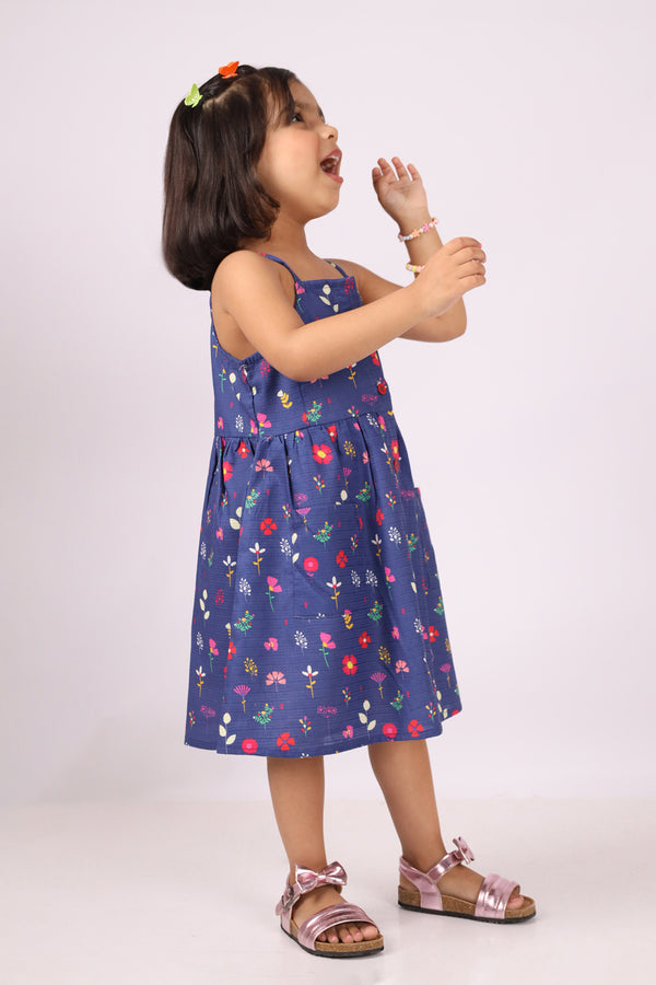 Stitched Cotton Dobby Sleeveless Tier Panel Floral Dress For Kid's