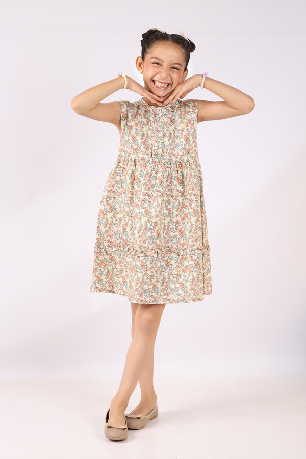 Stitched Cotton Dobby Sleeveless Tier Panel Floral Dress For Kid's