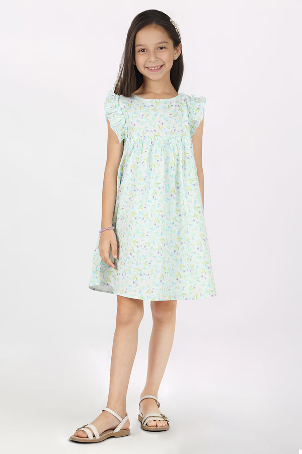 Stitched Cotton Dobby Printed Bib Collar A-line Ddress