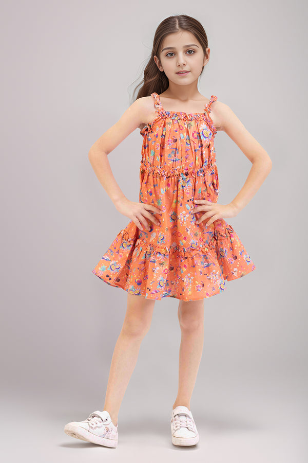 Cotton Dobby Stitched Tier Panel Dress With Ruffled Straps