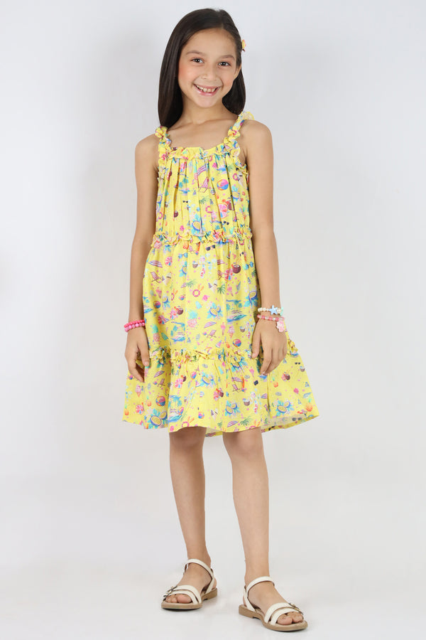 Cotton Dobby Stitched Tier Panel Dress With Ruffled Straps