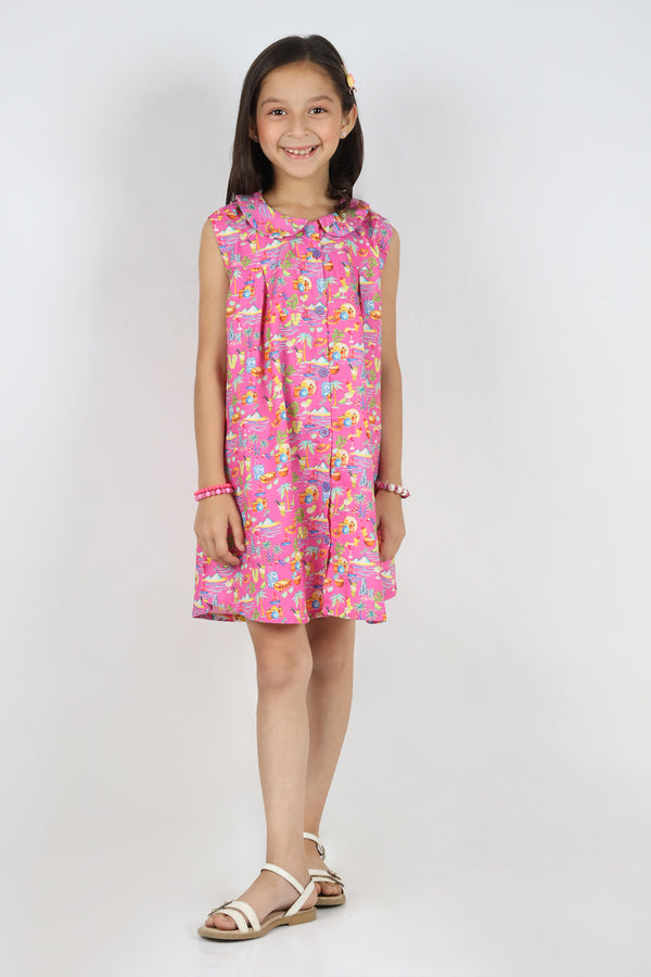 Stitched Cotton Dobby Printed Bib Collar A-line Ddress