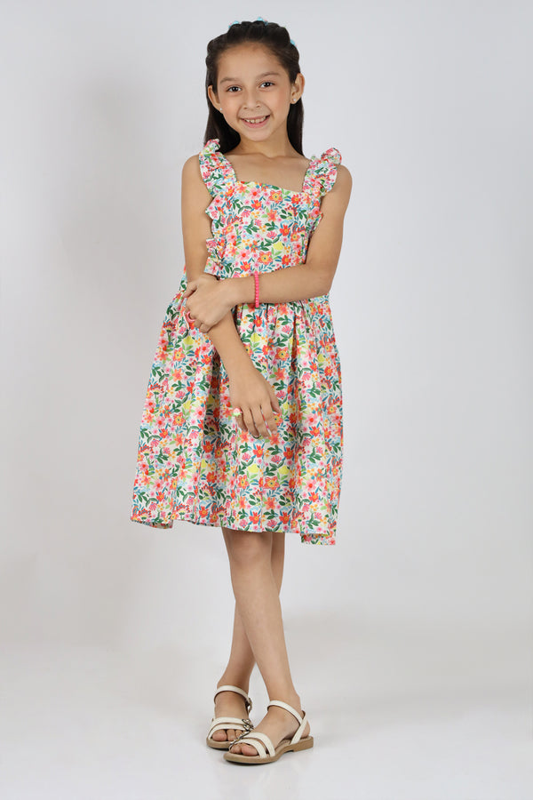 Stitched Cotton Dobby Printed Floral Sleeveless Smock Dress For Kids