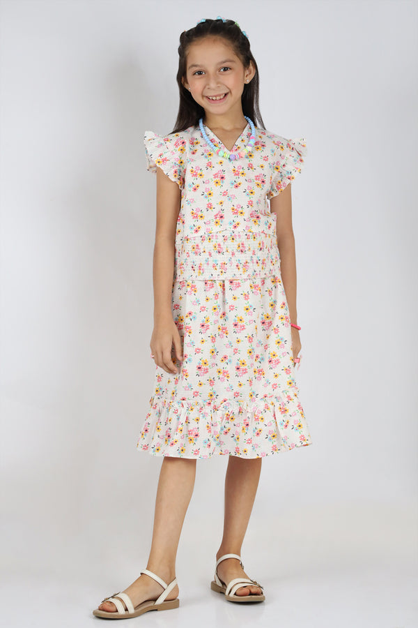 Stitched Cotton Dobby Smock Top With Smock Tier Panel Skirt For Kids