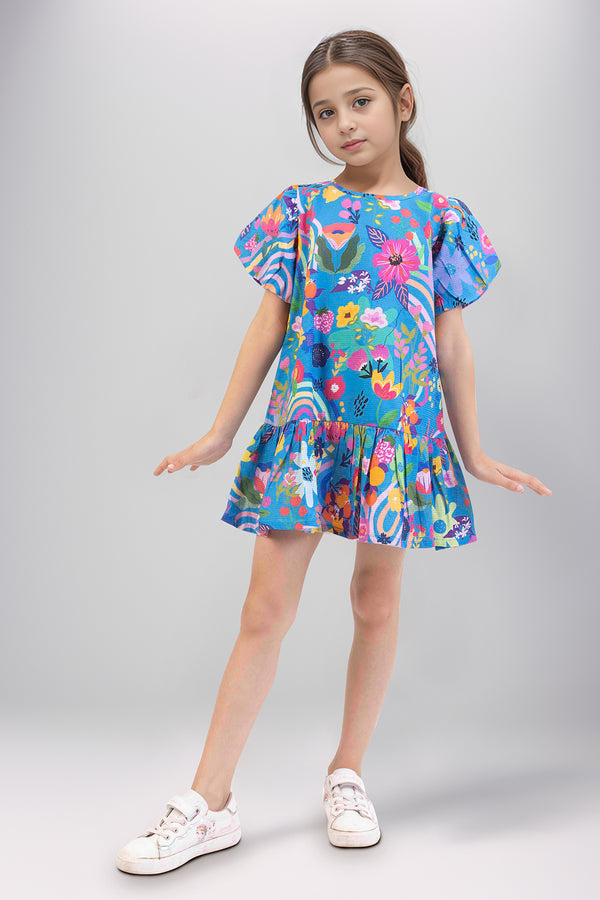 Stitched Cotton Dobby Tier Panel Dress With Balloon Sleeves For Kids