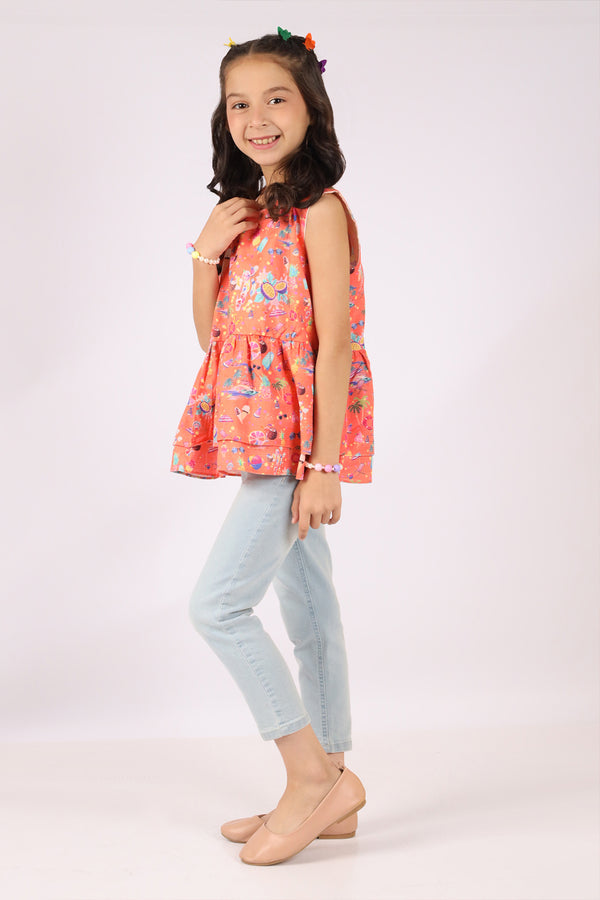 Stitched Cotton Dobby Printed Ruffle Peplum Top