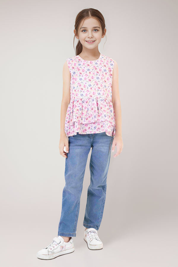 Stitched Cotton Dobby Printed Ruffle Peplum Top