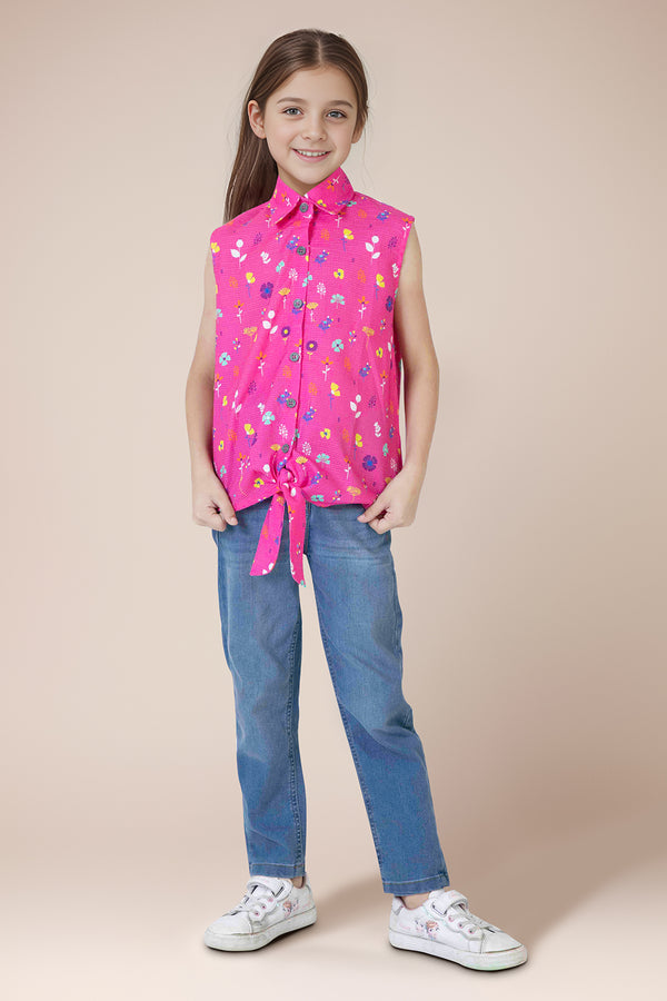 Stitched Cotton Dobby Printed Sleeveless Collared Shirt For Kids