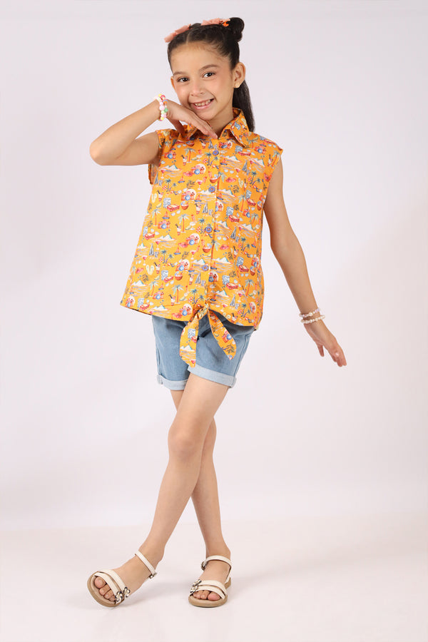 Stitched Cotton Dobby Printed Sleeveless Collared Shirt