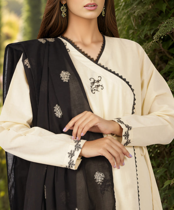 Solid Embroidered Cotton Stitched 3 Piece