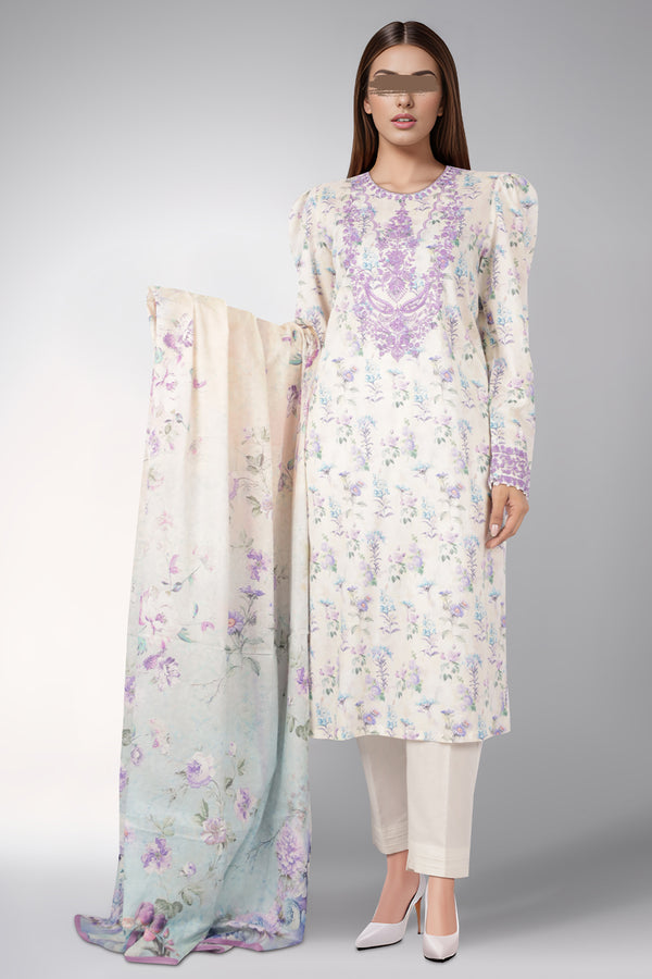 Unstitched Printed Embroidered Lawn 3 Piece