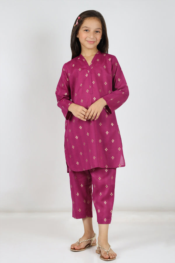 Stitched Cotton Jacquard Shirt/trouser For Kids