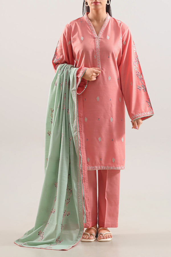 Solid Embroidered Soft Cotton Stitched 3 Piece
