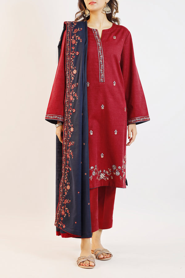 Solid Embroidered Cotton Viscose Stitched 3 Piece