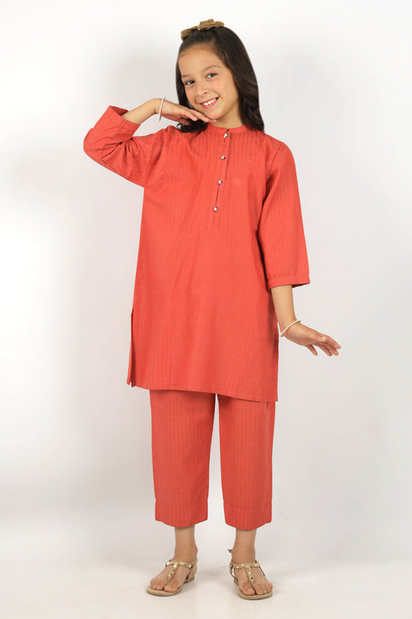 Stitched Cotton Jacquard Shirt/trouser For Kids