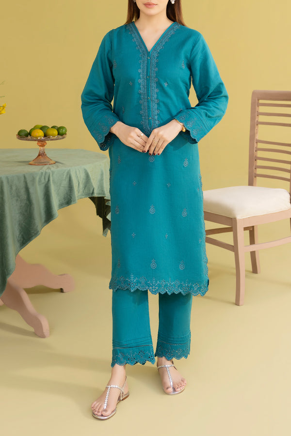 Solid Embroidered Cotton Stitched 2 Piece (Shirt/Trouser)