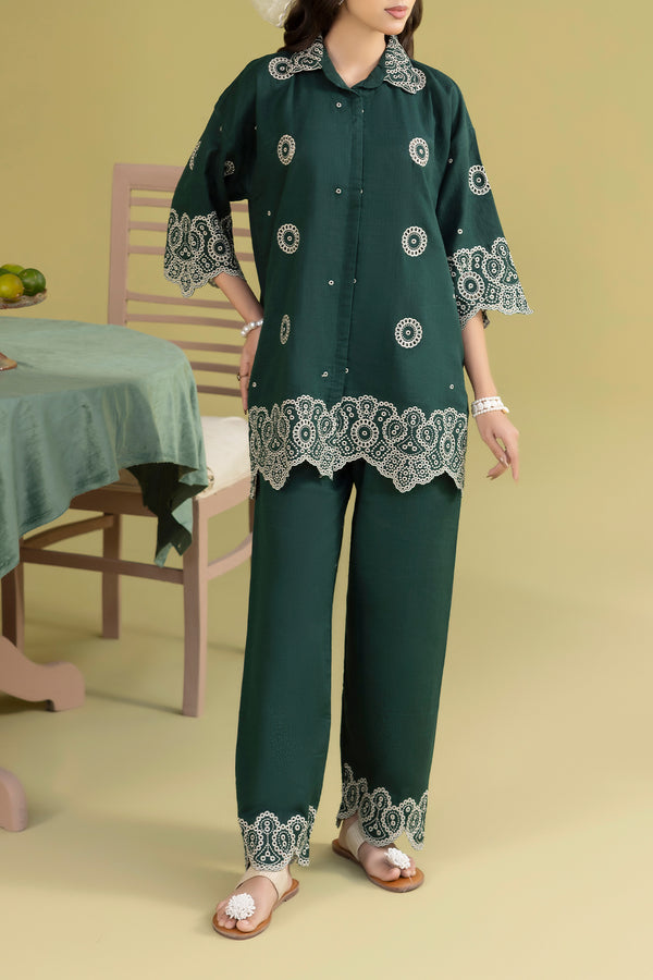 Solid Embroidered Cotton Stitched 2 Piece (Shirt/Trouser)