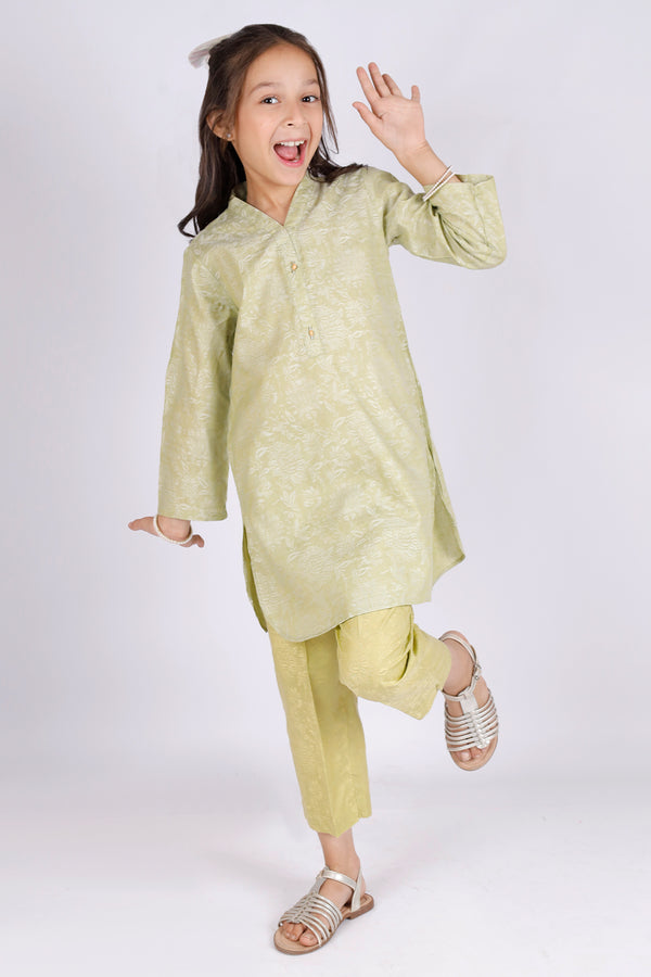 Stitched Cotton Jacquard Shirt/trouser For Kids