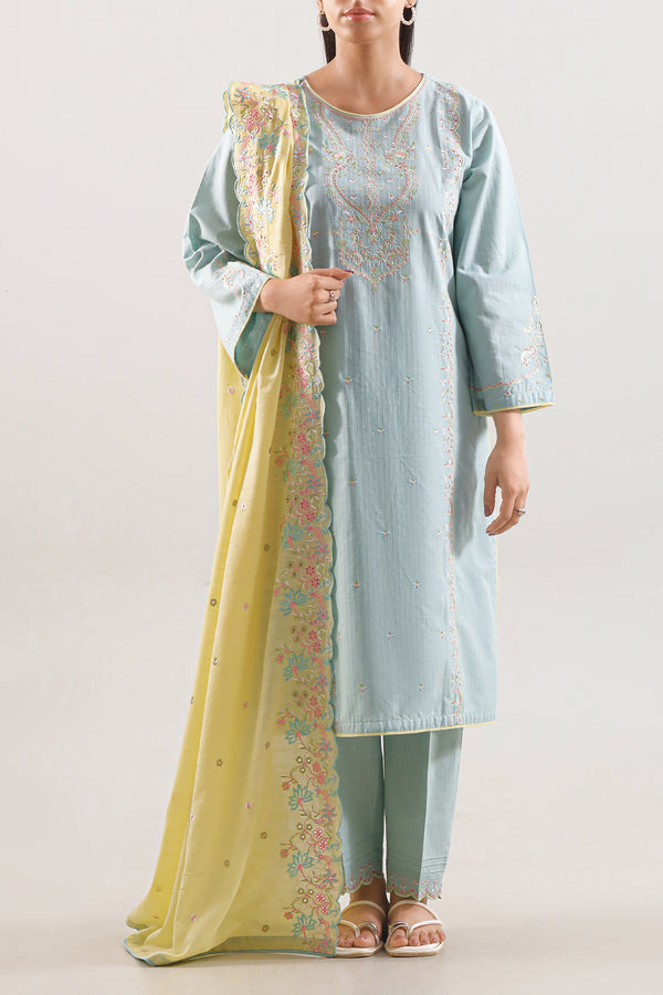 Solid Embroidered Slub Cotton Stitched 3 Piece