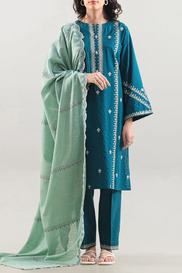 Solid Embroidered Slub Cotton Stitched 3 Piece