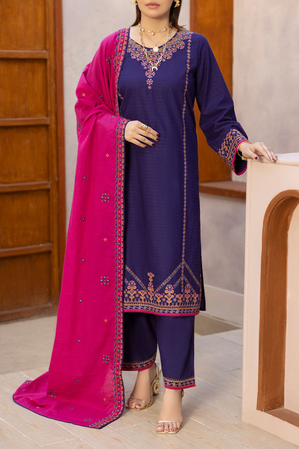 Solid Embroidered Slub Cotton Stitched 3 Piece