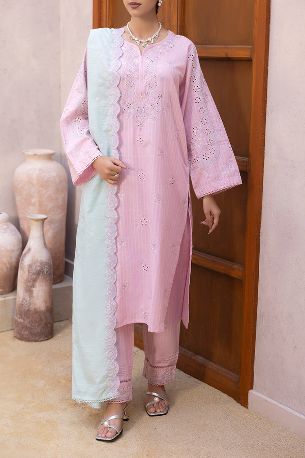 Solid Embroidered Slub Cotton Stitched 3 Piece