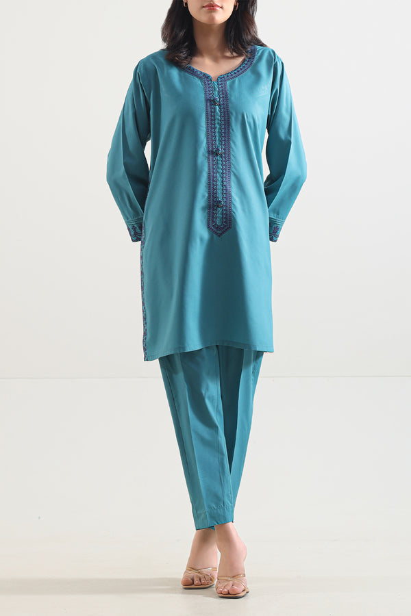 Solid Embroidered Easy Care Weave Stitched 2 Piece (Shirt/Trouser)